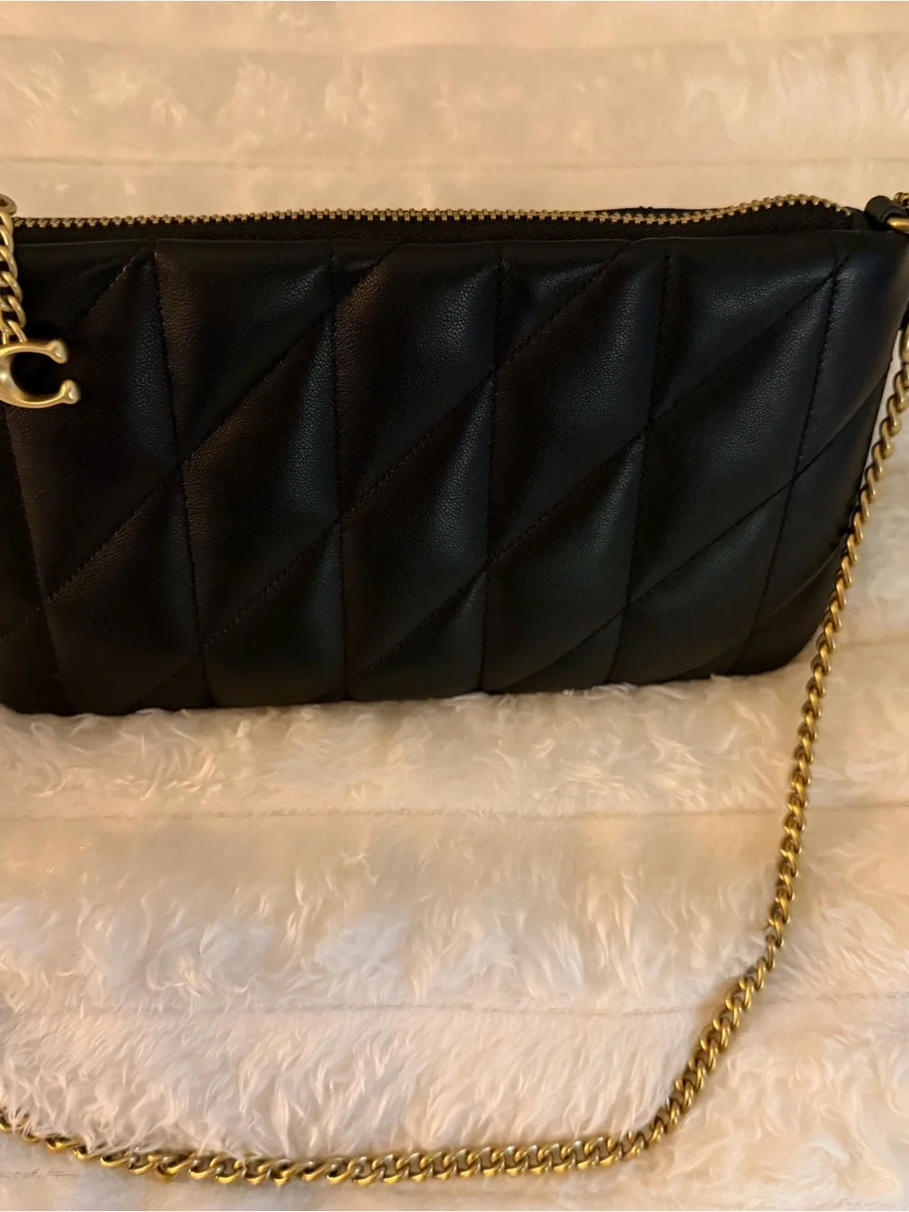 Coach Black Quilted Leather Wristlet with Gold Chain Strap